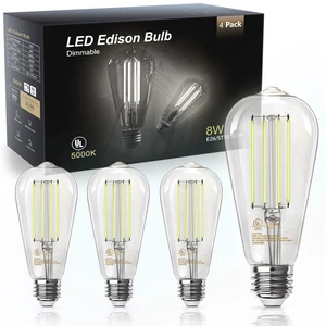 4 Pack Edison LED Light Bulbs, E26 Base, 8W 5000K, Dimmable Vintage ST58 Filament Design, 60W Equivalent, 800 Lumens, CRI 80+, Antique Glass Style for Home, Bedroom & Farmhouse 4 Pack Edison LED Light Bulbs, E26 Base, 8W 5000K, Dimmable Vintage ST58 Filament Design, 60W Equivalent, 800 Lumens, CRI 80+, Antique Glass Style for Home, Bedroom & Farmhouse