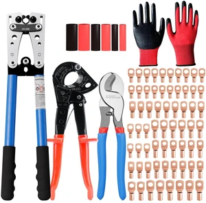 Battery Cable Lug Crimping Tool for AWG 10-1/0 Electrical Lug with 2pcs Cable Cutter 64pcs Ring Terminals and 70pcs Heat Shrink Tubing Battery Cable Lug Crimping Tool for AWG 10-1/0 Electrical Lug with 2pcs Cable Cutter 64pcs Ring Terminals and 70pcs Heat Shrink Tubing