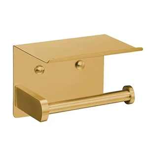 Self Adhesive Toilet Paper Holder with Phone Shelf Stainless Steel Wall Mounted Toilet Paper Roll Holder - Rustproof and Bathroom Washroom Tissue Roll Holder with Storage Shelf - Gold Self Adhesive Toilet Paper Holder with Phone Shelf Stainless Steel Wall Mounted Toilet Paper Roll Holder - Rustproof and Bathroom Washroom Tissue Roll Holder with Storage Shelf - Gold