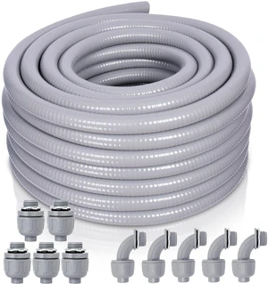 Liquid-Tight Conduit and Connector Kit - 1/2 Inch 50 FT Non Metallic Liquid Tight Electrical Conduit with 5 Straight and 5 Angle Fittings Liquid-Tight Conduit and Connector Kit - 1/2 Inch 50 FT Non Metallic Liquid Tight Electrical Conduit with 5 Straight and 5 Angle Fittings