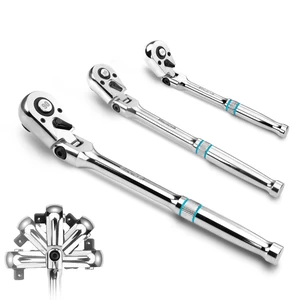 3-Piece Flex-Head Ratchet, 90-Tooth Quick-Release Ratchet Wrench 1/4", 3/8", 1/2" Socket Wrench with 180° Pivoting Head & 7-Position Setting, Reversible, CR-V Made, CR-MO Head, Full Polished 3-Piece Flex-Head Ratchet, 90-Tooth Quick-Release Ratchet Wrench 1/4", 3/8", 1/2" Socket Wrench with 180° Pivoting Head & 7-Position Setting, Reversible, CR-V Made, CR-MO Head, Full Polished