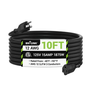 10ft Outdoor Extension Cord, 12/3 SJTW Heavy Duty Power Cord, 3-Prong Grounded Plug, Weather Resistant, 15A, 1875W, Black, for Lawn, Garden, Appliances, ETL Listed 10ft Outdoor Extension Cord, 12/3 SJTW Heavy Duty Power Cord, 3-Prong Grounded Plug, Weather Resistant, 15A, 1875W, Black, for Lawn, Garden, Appliances, ETL Listed