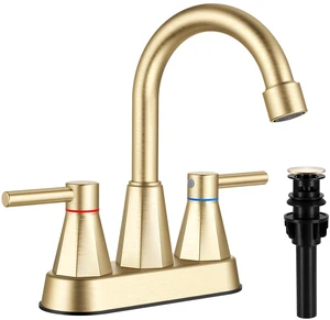 Bathroom Sink Faucet Brushed Gold, 2-Handle 4-inch Centerset Faucet Lead-free stainless steel, pop-up drain included, Detachable faucet aerator, 360°swivel spout, for vanity sink 3-hole mount Bathroom Sink Faucet Brushed Gold, 2-Handle 4-inch Centerset Faucet Lead-free stainless steel, pop-up drain included, Detachable faucet aerator, 360°swivel spout, for vanity sink 3-hole mount