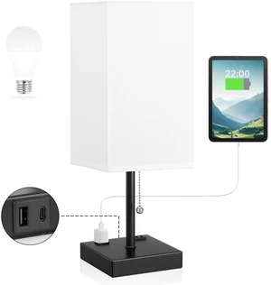 17.4" White Bedside Table Lamp for Bedroom - USB C+A, 2 AC Outlets Pull Chain Lamp, 3 Color Modes(3000K/4000K/5000K), E26 LED Bulb Included, Square White Fabric Lampshade, for Read, Work, Dorm 17.4" White Bedside Table Lamp for Bedroom - USB C+A, 2 AC Outlets Pull Chain Lamp, 3 Color Modes(3000K/4000K/5000K), E26 LED Bulb Included, Square White Fabric Lampshade, for Read, Work, Dorm