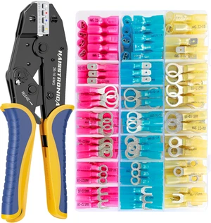 280PCS Ratchet Crimper Kit, Heat Shrink Terminals, AWG 22-10 Color-coded jaw markings, adjustable force wheel, quick-release lever, field wiring 280PCS Ratchet Crimper Kit, Heat Shrink Terminals, AWG 22-10 Color-coded jaw markings, adjustable force wheel, quick-release lever, field wiring