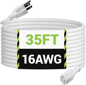 35ft Outdoor Extension Cord, 3-Prong, 16 Gauge General Purpose Power Cord, Grounded Plug, White, for Landscaping & Holiday Decorations, Home & Office, 13A, ETL 35ft Outdoor Extension Cord, 3-Prong, 16 Gauge General Purpose Power Cord, Grounded Plug, White, for Landscaping & Holiday Decorations, Home & Office, 13A, ETL