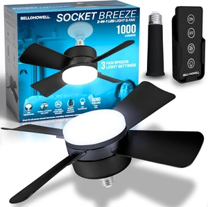 Socket Breeze Deluxe, Small Ceiling Fan with LED Light and Remote, Adjustable Speeds and Brightness, Light Socket Fan for Bedroom, Kitchen, Living Room, 1000 Lumens Socket Breeze Deluxe, Small Ceiling Fan with LED Light and Remote, Adjustable Speeds and Brightness, Light Socket Fan for Bedroom, Kitchen, Living Room, 1000 Lumens