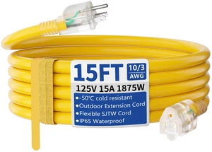 15ft Outdoor/Indoor Extension Cord with Lighted 10/3 Gauge Yellow 3 Prong, Heavy Duty, SJTW, Waterproof, Flexible Cold-Resistant extension cord for Home, Work or Construction, 15A 125V 1875W 15ft Outdoor/Indoor Extension Cord with Lighted 10/3 Gauge Yellow 3 Prong, Heavy Duty, SJTW, Waterproof, Flexible Cold-Resistant extension cord for Home, Work or Construction, 15A 125V 1875W