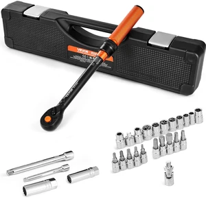 26Pcs Torque Wrench Set, 3/8 Inch Drive, 3.7-44.3FT.LB(5-60Nm), 72-Tooth Click Torque Wrench with Hex/Torx/Spark Plug Sockets, Extension Bars, 1/4 Adapter, for Bicycle Motorcycle Maintenance 26Pcs Torque Wrench Set, 3/8 Inch Drive, 3.7-44.3FT.LB(5-60Nm), 72-Tooth Click Torque Wrench with Hex/Torx/Spark Plug Sockets, Extension Bars, 1/4 Adapter, for Bicycle Motorcycle Maintenance