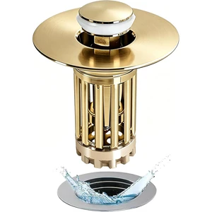 3 in 1 Pop Up Bathroom Sink Stopper, Bathroom Sink Drain Strainer with Removable Basket Hair Catcher, Universal Sink Plug Cover for 1.06 in to 1.6 in Drain, Brushed Gold 3 in 1 Pop Up Bathroom Sink Stopper, Bathroom Sink Drain Strainer with Removable Basket Hair Catcher, Universal Sink Plug Cover for 1.06 in to 1.6 in Drain, Brushed Gold