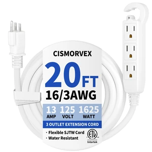 20Ft 3 Prong Multiple Outlets Indoor Extension Cord, White Grounded Extension Cord with Multiple Outlets, 16/3 AWG 3 Prong outlet Power Strip for Indoor Use, 13A 125V 1625W, ETL Listed 20Ft 3 Prong Multiple Outlets Indoor Extension Cord, White Grounded Extension Cord with Multiple Outlets, 16/3 AWG 3 Prong outlet Power Strip for Indoor Use, 13A 125V 1625W, ETL Listed