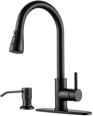 Kitchen Faucet with Pull Down Sprayer and Soap Dispenser, Black 304 Stainless Steel Single Handle with 3 Spray Modes, 18-Inch Hose, 10-Inch Deck Plate Kitchen Faucet with Pull Down Sprayer and Soap Dispenser, Black 304 Stainless Steel Single Handle with 3 Spray Modes, 18-Inch Hose, 10-Inch Deck Plate