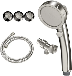 Brushed Nickel High Pressure Handheld Shower Head with ON/OFF Switch, 3 Spray Modes, Adjustable Angle Bracket, and Hose Brushed Nickel High Pressure Handheld Shower Head with ON/OFF Switch, 3 Spray Modes, Adjustable Angle Bracket, and Hose