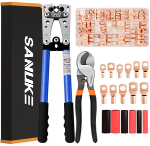 Battery Cable Crimping Tool AWG 10-1/0, Wire Cutter,100 Copper Lugs Electrical Terminal Crimper AWG 10 8 6 4 2 1/0, 100pcs Wire Connectors & Heat Shrink Tubing, Cable Cutter Pliers, Black Bag Battery Cable Crimping Tool AWG 10-1/0, Wire Cutter,100 Copper Lugs Electrical Terminal Crimper AWG 10 8 6 4 2 1/0, 100pcs Wire Connectors & Heat Shrink Tubing, Cable Cutter Pliers, Black Bag