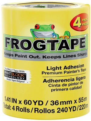 Delicate Surface Painters Tape with PAINTBLOCK, 1.5 in Wide (1.41 in x 60 yd), Low Adhesion, Painting Tape Ideal for Freshly Painted Walls, Trim & Surfaces, Yellow, 4 Rolls (240662) Delicate Surface Painters Tape with PAINTBLOCK, 1.5 in Wide (1.41 in x 60 yd), Low Adhesion, Painting Tape Ideal for Freshly Painted Walls, Trim & Surfaces, Yellow, 4 Rolls (240662)