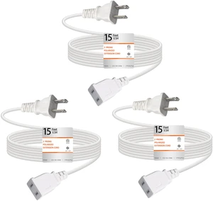 Thin Extension Cords 15FT White 2 Prong 125V 10A ETL Listed (3 Pack) Indoor Use, Male to Female, For Christmas Lights, Halloween Decor, Lamps, Security Cameras, Small Appliance Thin Extension Cords 15FT White 2 Prong 125V 10A ETL Listed (3 Pack) Indoor Use, Male to Female, For Christmas Lights, Halloween Decor, Lamps, Security Cameras, Small Appliance