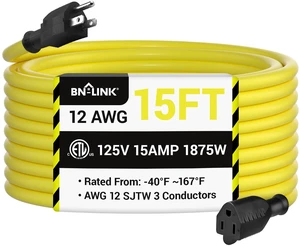 15ft Outdoor Extension Cord, 12/3 SJTW Heavy Duty Power Cord, 3-Prong Grounded Plug, Weather Resistant, 15A, 1875W, Yellow, for Lawn, Garden, Appliances, ETL Listed 15ft Outdoor Extension Cord, 12/3 SJTW Heavy Duty Power Cord, 3-Prong Grounded Plug, Weather Resistant, 15A, 1875W, Yellow, for Lawn, Garden, Appliances, ETL Listed