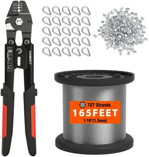 Wire Rope Crimping Kit, 165ft 1/16" 304 Stainless Steel Cable with 100Pcs Aluminum Crimp Loop Sleeves and 25Pcs M2 Wire Rope Stainless Steel Thimbles Wire Rope Crimping Kit, 165ft 1/16" 304 Stainless Steel Cable with 100Pcs Aluminum Crimp Loop Sleeves and 25Pcs M2 Wire Rope Stainless Steel Thimbles