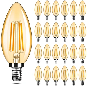 24-Pack Dimmable E12 Candelabra Bulbs 40Watt Equivalent, 2200K Amber Warm White, 380Lumens, 4W B11 Chandelier Light Bulbs, Filament Clear Glass Candle Lamp for Ceiling Fan Home Decor 24-Pack Dimmable E12 Candelabra Bulbs 40Watt Equivalent, 2200K Amber Warm White, 380Lumens, 4W B11 Chandelier Light Bulbs, Filament Clear Glass Candle Lamp for Ceiling Fan Home Decor