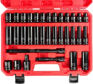 33pcs 1/2" Impact Socket Set (8-22mm), Metric Socket Set, Cr-V Steel, 6 Point Deep & Shallow Sockets, with 5" 10" Extension Bars and 1/2" Universal Joint 33pcs 1/2" Impact Socket Set (8-22mm), Metric Socket Set, Cr-V Steel, 6 Point Deep & Shallow Sockets, with 5" 10" Extension Bars and 1/2" Universal Joint