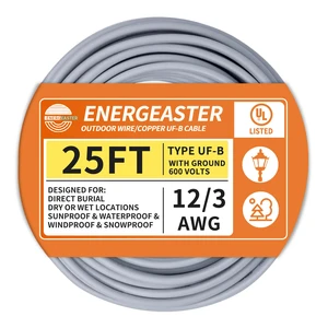 12/3 UF-B 25FT Solid Underground Feeder Direct Burial Cable UV & Moisture Resistant, Ideal for Outdoor Lighting & Pump Installations & Residential Indoor Electrical Projects, UL listed 12/3 UF-B 25FT Solid Underground Feeder Direct Burial Cable UV & Moisture Resistant, Ideal for Outdoor Lighting & Pump Installations & Residential Indoor Electrical Projects, UL listed