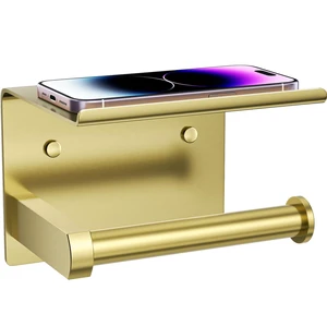 Toilet Paper Holder with Phone Shelf, Adhesive or Screw Wall Mount Toilet Tissue Roll Holder, Rustproof & Multifunctional Stainless Steel Bathroom Storage Dispenser (Brushed Gold) Toilet Paper Holder with Phone Shelf, Adhesive or Screw Wall Mount Toilet Tissue Roll Holder, Rustproof & Multifunctional Stainless Steel Bathroom Storage Dispenser (Brushed Gold)