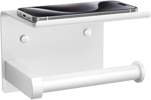 Toilet Paper Holder with Phone Shelf, Adhesive or Screw Wall Mount Toilet Tissue Roll Holder, Rustproof & Multifunctional Stainless Steel Bathroom Storage Dispenser (White) Toilet Paper Holder with Phone Shelf, Adhesive or Screw Wall Mount Toilet Tissue Roll Holder, Rustproof & Multifunctional Stainless Steel Bathroom Storage Dispenser (White)