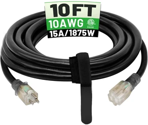 10 Ft 10AWG Outdoor Extension Cord Waterproof Heavy Duty, Black 10 Gauge 3 Prong, Flexible Cold-Resistant Power Cord Indoor & Outside with Lighted Indicator End, 15A 1875W SJTW ETL Listed 10 Ft 10AWG Outdoor Extension Cord Waterproof Heavy Duty, Black 10 Gauge 3 Prong, Flexible Cold-Resistant Power Cord Indoor & Outside with Lighted Indicator End, 15A 1875W SJTW ETL Listed