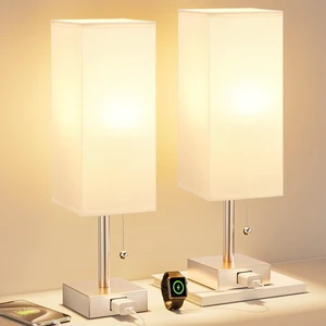 Bedside Lamp for Bedroom Set of 2 - Gold Table Lamp for Nightstand AC Outlet, 3 Color Temperatures, LED Bulb Included, Pull Chain Design, 14" Rectangular Desk Lamp for Dorm/Office, 2-Pack Bedside Lamp for Bedroom Set of 2 - Gold Table Lamp for Nightstand AC Outlet, 3 Color Temperatures, LED Bulb Included, Pull Chain Design, 14" Rectangular Desk Lamp for Dorm/Office, 2-Pack