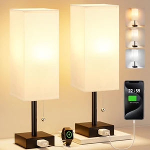 White Bedside Lamps for Bedroom Set of 2 - Small Rectangular Nightstand Lamp with AC Outlet Charging Port, 3 Color Temperatures Desk Light with Bulb, Tabletop Reading Lamp for Living Room/Dorm/Office White Bedside Lamps for Bedroom Set of 2 - Small Rectangular Nightstand Lamp with AC Outlet Charging Port, 3 Color Temperatures Desk Light with Bulb, Tabletop Reading Lamp for Living Room/Dorm/Office