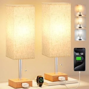 Bedside Lamp for Bedroom Set of 2 - Small Table Lamp for Nightstand AC Outlet, 3 Color Temperatures, LED Bulb Included, Pull Chain Design, 14" Rectangular Desk Lamp for Dorm/Office, 2-Pack Bedside Lamp for Bedroom Set of 2 - Small Table Lamp for Nightstand AC Outlet, 3 Color Temperatures, LED Bulb Included, Pull Chain Design, 14" Rectangular Desk Lamp for Dorm/Office, 2-Pack