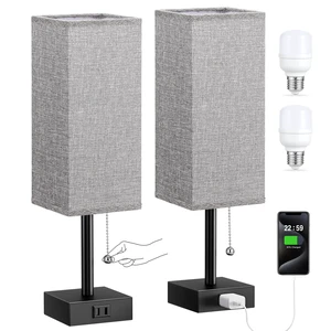 Bedside Lamp for Bedroom Set of 2 - Grey Table Lamp for Nightstand AC Outlet, 3 Color Temperatures, LED Bulb Included, Pull Chain Design, 14" Rectangular Desk Lamp for Dorm/Office, 2-Pack Bedside Lamp for Bedroom Set of 2 - Grey Table Lamp for Nightstand AC Outlet, 3 Color Temperatures, LED Bulb Included, Pull Chain Design, 14" Rectangular Desk Lamp for Dorm/Office, 2-Pack