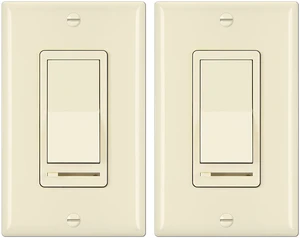 2 Pack Almond Dimmer Light Switch, Single Pole or 3-Way, UL Listed Compatible with Dimmable LED, CFL, Incandescent and Halogen Bulb, 120VAC, Decorator Wall Plate Included 2 Pack Almond Dimmer Light Switch, Single Pole or 3-Way, UL Listed Compatible with Dimmable LED, CFL, Incandescent and Halogen Bulb, 120VAC, Decorator Wall Plate Included