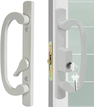 Offset Position Keyed Sliding Patio Door Handleset with Mortise Lock, 45° Keyway, 3-15/16" H.C., Fits 1-3/8" to 2" Thick Doors, Non-Handed, White Diecast Offset Position Keyed Sliding Patio Door Handleset with Mortise Lock, 45° Keyway, 3-15/16" H.C., Fits 1-3/8" to 2" Thick Doors, Non-Handed, White Diecast