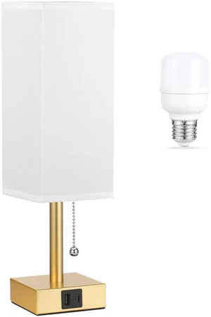 Gold Bedside Table Lamp for Bedroom - Desk Lamp For Nightstand, USB C+A Pull Chain Lamp, 3 Color Modes(3000K/4000K/5000K), E26 LED Bulb Included, Square White Fabric Lampshade, for Read, Work, Dorm Gold Bedside Table Lamp for Bedroom - Desk Lamp For Nightstand, USB C+A Pull Chain Lamp, 3 Color Modes(3000K/4000K/5000K), E26 LED Bulb Included, Square White Fabric Lampshade, for Read, Work, Dorm