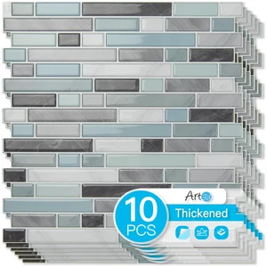 Linear Design Tile Peel and Stick Backsplash, 10-Sheet, Gray & Blue 12 x 12 Inch, Enhanced Thickness, Warp Resistant, Strong Adhesion, Sturdy, for Kitchen, Bedroom, Ideal for Home Improvement Linear Design Tile Peel and Stick Backsplash, 10-Sheet, Gray & Blue 12 x 12 Inch, Enhanced Thickness, Warp Resistant, Strong Adhesion, Sturdy, for Kitchen, Bedroom, Ideal for Home Improvement