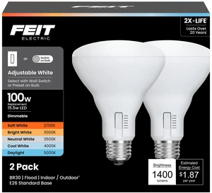 BR30 LED Light Bulbs, 100W Eq, Dimmable, 5CCT 6Way, 2 Pack E26 Base, 2700K - 5000K + Switch Control, 1400 Lumens, CRI 90+, 20 Year Life, for Recessed Cans, Wide Flood Beam BR30 LED Light Bulbs, 100W Eq, Dimmable, 5CCT 6Way, 2 Pack E26 Base, 2700K - 5000K + Switch Control, 1400 Lumens, CRI 90+, 20 Year Life, for Recessed Cans, Wide Flood Beam