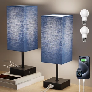 Touch Bedside Table Lamp for Bedroom, 14-Inch, Navy Blue Set of 2 USB A+C Ports, Touch 3-Way Dimmable LED Bulb Included Fabric Lampshade Metal Base Small Nightstand Lamp for Desk Living Room Touch Bedside Table Lamp for Bedroom, 14-Inch, Navy Blue Set of 2 USB A+C Ports, Touch 3-Way Dimmable LED Bulb Included Fabric Lampshade Metal Base Small Nightstand Lamp for Desk Living Room