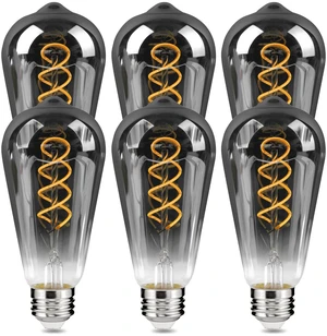 E26 ST64 Vintage Edison Light Bulbs, Smoky Grey Coated Glass, Dimmable, 4W(20W Equivalent) 150 Lumens, 2700K Soft White, Spiral Filaments Design, Antique Style, 25000 Hrs, 6-Pack E26 ST64 Vintage Edison Light Bulbs, Smoky Grey Coated Glass, Dimmable, 4W(20W Equivalent) 150 Lumens, 2700K Soft White, Spiral Filaments Design, Antique Style, 25000 Hrs, 6-Pack