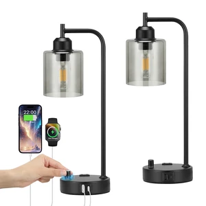 Industrial Desk Lamps for Office Set of 2 - Fully Dimmable Bedside Lamps with USB A C Ports and Outlet, Black Nightstand Lamps with Grey Glass Shade for Living Room, Table Lamps for Bedrooms Reading Industrial Desk Lamps for Office Set of 2 - Fully Dimmable Bedside Lamps with USB A C Ports and Outlet, Black Nightstand Lamps with Grey Glass Shade for Living Room, Table Lamps for Bedrooms Reading