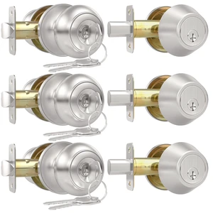 Exterior Door Knob with Lock, 3 Pack Keyed Entry Front Door Lock Set Keyed Alike Front Door Knob with Single Cylinder Deadbolt Lock, Brushed Nickel Reversible Knob for Bedroom, Adjustable Latch Exterior Door Knob with Lock, 3 Pack Keyed Entry Front Door Lock Set Keyed Alike Front Door Knob with Single Cylinder Deadbolt Lock, Brushed Nickel Reversible Knob for Bedroom, Adjustable Latch
