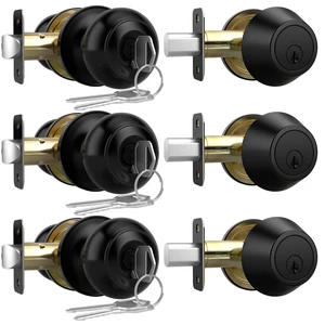 Exterior Door Knob with Lock and Key, 3 Pack Front Door Lock Set Keyed Alike Reversible Door Knob with Lock, Matte Black Single Cylinder Deadbolt Lock for Bedroom Offices, Adjustable Latch Exterior Door Knob with Lock and Key, 3 Pack Front Door Lock Set Keyed Alike Reversible Door Knob with Lock, Matte Black Single Cylinder Deadbolt Lock for Bedroom Offices, Adjustable Latch