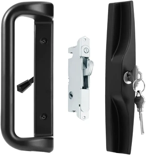 Black Sliding Glass Door Handle Set with Lock and Key Fits 3-15/16 in screw holes; keyed mortise lock, reversible, for 1-3/16 to 2 in doors Black Sliding Glass Door Handle Set with Lock and Key Fits 3-15/16 in screw holes; keyed mortise lock, reversible, for 1-3/16 to 2 in doors