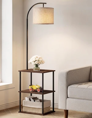 Floor Lamp with Table, Night Stand with Lamp, Narrow Side Table with 3CCT LED Bulb, Small Coffee Table, Modern End Table with Storage Shelves for Living Room Bedroom, Walnut Brown Floor Lamp with Table, Night Stand with Lamp, Narrow Side Table with 3CCT LED Bulb, Small Coffee Table, Modern End Table with Storage Shelves for Living Room Bedroom, Walnut Brown