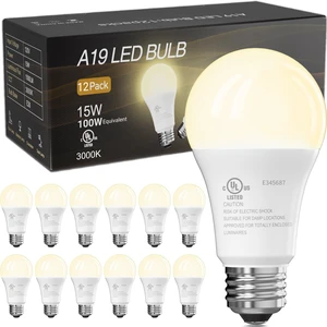 LED Light Bulbs, 100 Watt Equivalent A19, Soft Warm White 3000K 12 Pack 15W 1500 Lumens, E26 Standard Base, Energy Saving Lightbulbs, Non Dimmable Lamp for Home Bedroom Kitchen LED Light Bulbs, 100 Watt Equivalent A19, Soft Warm White 3000K 12 Pack 15W 1500 Lumens, E26 Standard Base, Energy Saving Lightbulbs, Non Dimmable Lamp for Home Bedroom Kitchen