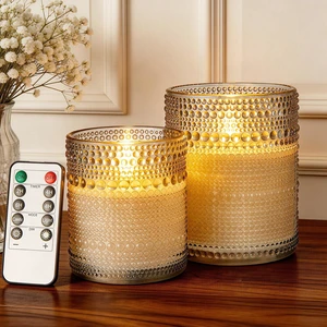 Gray Dotted Glass Real Wax Flameless Battery-Operated LED Pillar Candles LED Candles with Remote and Timer 3D Flickering Flame, for Festival Wedding Home Party Decor, 3"x 4", 4"x 5", Set of 2 Gray Dotted Glass Real Wax Flameless Battery-Operated LED Pillar Candles LED Candles with Remote and Timer 3D Flickering Flame, for Festival Wedding Home Party Decor, 3"x 4", 4"x 5", Set of 2