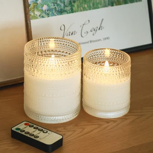White Dotted Glass Real Wax Flameless Battery-Operated LED Pillar Candles LED Candles with Remote and Timer 3D Flickering Flame, for Festival Wedding Home Party Decor, 3"x 4", 4"x 5", Set of 2 White Dotted Glass Real Wax Flameless Battery-Operated LED Pillar Candles LED Candles with Remote and Timer 3D Flickering Flame, for Festival Wedding Home Party Decor, 3"x 4", 4"x 5", Set of 2