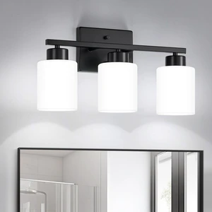 Black Bathroom Light Fixtures Vanity Lights Over Mirror Modern 3-Light Lighting Fixtures for Bathroom With Milky White Frosted Glass Shades, E26 Socket (Bulbs Not Included) Black Bathroom Light Fixtures Vanity Lights Over Mirror Modern 3-Light Lighting Fixtures for Bathroom With Milky White Frosted Glass Shades, E26 Socket (Bulbs Not Included)