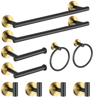 Bathroom Hardware Set Black and GoldTowel Bar Set Including 2pcs 16inch Towel Bars, 2pcs Toilet Paper Holders, 2pcs Towel Rings and 4pcs Robe Towel Hooks Bathroom Hardware Set Black and GoldTowel Bar Set Including 2pcs 16inch Towel Bars, 2pcs Toilet Paper Holders, 2pcs Towel Rings and 4pcs Robe Towel Hooks