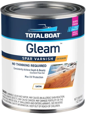 Gleam Marine Spar Varnish for Boats & Outdoor Wood - Satin Quart Oil-Based Polyurethane Finish; No Thinning; UV Inhibitors; Wooden Boats, Yacht Brightwork, Furniture & Interior/Exterior Wood Gleam Marine Spar Varnish for Boats & Outdoor Wood - Satin Quart Oil-Based Polyurethane Finish; No Thinning; UV Inhibitors; Wooden Boats, Yacht Brightwork, Furniture & Interior/Exterior Wood